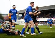 13 April 2019; Jordan Larmour celebrates after his Leinster team-mate Dave Kearney scored their side's fourth try during the Guinness PRO14 Round 20 match between Leinster and Glasgow Warriors at the RDS Arena in Dublin. Photo by Stephen McCarthy/Sportsfile