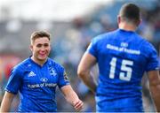 13 April 2019; Jordan Larmour of Leinster congratulates Rob Kearney, 15, on his try during the Guinness PRO14 Round 20 match between Leinster and Glasgow Warriors at the RDS Arena in Dublin. Photo by Ramsey Cardy/Sportsfile