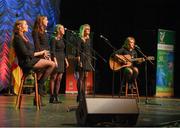 13 April 2019; Munster team Rachel Hodnett Rachel O’Sullivan, Aine Fitzgerald, Ashlie O’Sullivan and Amy O’Sullivan from St. James, Cork, competing in the Bailéad Ghrúpa catagory during the Scór Sinsir All Ireland Finals at the TF Royal hotel and theatre, Old Westport road in Castlebar, Co Mayo. Photo by Eóin Noonan/Sportsfile