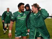 13 April 2019; Bundee Aki, left, and Kieran Marmion of Connacht celebrate following their side's victory during the Guinness PRO14 Round 20 match between Connacht and Cardiff Blues at The Sportsground in Galway. Photo by Seb Daly/Sportsfile