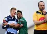 13 April 2019; Bundee Aki of Connacht and Gareth Anscombe of Cardiff Blues embrace as they wait for referee Mike Adamson to award a try to Matt Healy of Connacht during the Guinness PRO14 Round 20 match between Connacht and Cardiff Blues at The Sportsground in Galway. Photo by Piaras Ó Mídheach/Sportsfile