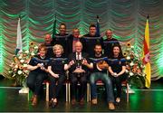 13 April 2019; Munster team Tom McCabe, Gavin Ryan, John Tuohey, Carol O’Hara, Cathríona O’Brien, Paraic Kennedy, Mary Browne and Terry O’Brien from Newport, Tipperary, are presented with the cup by Uachtarán Chumann Lúthchleas Gael John Horan and Aodán Ó Braonáin, Cathaoirleach, Choiste Náisiúnta Scór after winning the Léiriú catagory during the Scór Sinsir All Ireland Finals at the TF Royal hotel and theatre, Old Westport road in Castlebar, Co Mayo. Photo by Eóin Noonan/Sportsfile