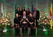 13 April 2019; Leinster team Niamh Delaney, Valene Greer, Sarah Kenny, Zoe Rooney and Avril Spain from Ferbane, Offaly, are presented with the cup by Uachtarán Chumann Lúthchleas Gael John Horan and Aodán Ó Braonáin, Cathaoirleach, Choiste Náisiúnta Scór after winning the Bailéad Ghrúpa catagory  during the Scór Sinsir All Ireland Finals at the TF Royal hotel and theatre, Old Westport road in Castlebar, Co Mayo. Photo by Eóin Noonan/Sportsfile