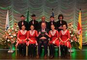 13 April 2019; Connacht team Sean Óg Frayne, James Frayne, Thomas Doherty, Eimhin Conboy, Áine Duffy, Orna Hession,  Eleanor Harrison and Siobhan Mooney from Aghamore, Mayo, are presented with the cup by Uachtarán Chumann Lúthchleas Gael John Horan and Aodán Ó Braonáin, Cathaoirleach, Choiste Náisiúnta Scór after winning the Rince Seit catagory during the Scór Sinsir All Ireland Finals at the TF Royal hotel and theatre, Old Westport road in Castlebar, Co Mayo. Photo by Eóin Noonan/Sportsfile