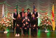 13 April 2019; Munster team Darragh O'Shea, Sheila Cavanagh, Veronica O'Mahony, Fergus McGrath and Daniel O'Callaghan from Kilshannig, Cork, are presented with the cup by Uachtarán Chumann Lúthchleas Gael John Horan and Aodán Ó Braonáin, Cathaoirleach, Choiste Náisiúnta Scór after winning the Ceol Uirlise catagory during the Scór Sinsir All Ireland Finals at the TF Royal hotel and theatre, Old Westport road in Castlebar, Co Mayo. Photo by Eóin Noonan/Sportsfile