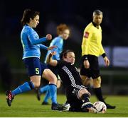 13 April 2019; Maggie Duncliffe of Cork City wins possession from Ally O'Keeffe of DLR Waves during the Só Hotels Women's National League match between DLR Waves and Cork City FC at Jackson Park in Kilternan, Dublin. Photo by Ben McShane/Sportsfile
