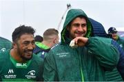 13 April 2019; Connacht players Bundee Aki, left, and Tiernan O’Halloran celebrate after the Guinness PRO14 Round 20 match between Connacht and Cardiff Blues at The Sportsground in Galway. Photo by Piaras Ó Mídheach/Sportsfile