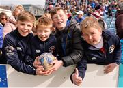 13 April 2019; St. Bridget's Rugby Club Foxrock supporters during the Bank of Ireland Half-Time Minis between St. Bridget's Rugby Club Foxrock and West Offaly Lions at the Guinness PRO14 Round 20 match between Leinster and Glasgow Warriors at the RDS Arena in Dublin. Photo by Ben McShane/Sportsfile