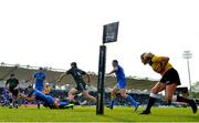 13 April 2019; Rob Kearney of Leinster dives over to score his side's third try, watched by assistant referee Joy Neville, during the Guinness PRO14 Round 20 match between Leinster and Glasgow Warriors at the RDS Arena in Dublin. Photo by Ramsey Cardy/Sportsfile