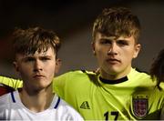 12 April 2019; Ethan Cartwright, left, and Jack Martin of England in the team huddle following the SAFIB Centenary Shield Under 18 Boys' International match between Republic of Ireland and England at Dalymount Park in Dublin. Photo by Ben McShane/Sportsfile