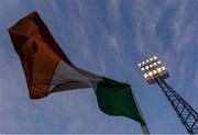 12 April 2019; An Irish tri-colour flutters in the wind at half-time of the SAFIB Centenary Shield Under 18 Boys' International match between Republic of Ireland and England at Dalymount Park in Dublin. Photo by Ben McShane/Sportsfile