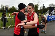 14 April 2019; Emmett McGinty of City of Derry A.C. Spartans, right, is congratulated by team-mate Steven Mcalary following the Great Ireland Run 2019 in conjunction with AAI National 10k Championships at Phoenix Park in Dublin. Photo by Sam Barnes/Sportsfile