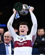 6 April 2019; James Hughes of St Michaels College lifts the Hogan Cup  lifts the Masita GAA Post Primary Schools Hogan Cup Senior A Football match between Naas CBS and St Michaels College Enniskillen at Croke Park in Dublin. Photo by Ray McManus/Sportsfile