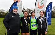 14 April 2019; Athletics Ireland deputy president John Cronin, left, with Women's medallists, from left, Grace Lynch of Iveragh AC, Co. Kerry, bronze, Catherina Mullen of Metro St Brigids AC, Co. Dublin, gold, and Barbara Cleary of Donore Harriers, Co. Dublin, silver, following the Great Ireland Run 2019 in conjunction with AAI National 10k Championships at Phoenix Park in Dublin. Photo by Sam Barnes/Sportsfile