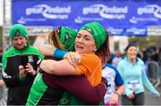 14 April 2019; Siobhan Lewis, left, and Michelle Mulholland of Carrick Aces A.C., Co. Monaghan, embrace  after competing in the Great Ireland Run 2019 in conjunction with AAI National 10k Championships at Phoenix Park in Dublin. Photo by Sam Barnes/Sportsfile