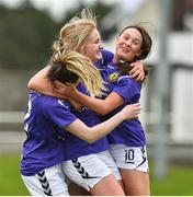 14 April 2019; Wexford WSSL players Britney Conroy, 10, and Niamh Millar, left, celebrate with goal scorer Fiona Ryan, centre, after scoring her second goal during the FAI Women’s U19 Interleague Cup Final match between Metropolitan GL and Wexford WSSL at Bridgewater Park, Co. Wicklow. Photo by Matt Browne/Sportsfile