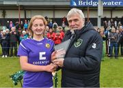 14 April 2019; Wexford WSSL team captain Fiona Ryan is presented with her player of the match trophy by FAI Vice President Noel Fitzroy after the FAI Women’s U19 Interleague Cup Final match between Metropolitan GL and Wexford WSSL at Bridgewater Park, Co. Wicklow. Photo by Matt Browne/Sportsfile