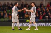 12 April 2019; Robbie Keane, right, and Robbie Fowler of Liverpool FC Legends during the Sean Cox Fundraiser match between the Republic of Ireland XI and Liverpool FC Legends at the Aviva Stadium in Dublin. Photo by Sam Barnes/Sportsfile