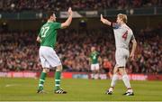 12 April 2019; Niall Quinn of Republic of Ireland XI and Sami Hyypia of Liverpool FC Legends during the Sean Cox Fundraiser match between the Republic of Ireland XI and Liverpool FC Legends at the Aviva Stadium in Dublin. Photo by Sam Barnes/Sportsfile