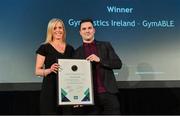 15 April 2019; Kieran Gallagher of Gymnastics Ireland is presented with the Inclusivity Award, sponsored by JLT Insurance, by Amanda Harton, JLT Director, during the Irish Sport Industry Awards presented by the Federation of Irish Sport at Crowne Plaza Blanchardstown. Photo by Sam Barnes/Sportsfile