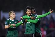 15 April 2019; Gerardo Bruna of Derry City, centre, is congratulated by team-mates Ciaron Harkin, left, and Junior Ogedi-Uzokwe, after scoring his side's second goal during the SSE Airtricity League Premier Division match between St Patrick's Athletic and Derry City at Richmond Park in Dublin. Photo by Seb Daly/Sportsfile