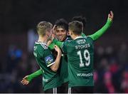 15 April 2019; Gerardo Bruna of Derry City, centre, is congratulated by team-mates Ciaron Harkin, left, and Eoghan Stokes, after scoring his side's second goal during the SSE Airtricity League Premier Division match between St Patrick's Athletic and Derry City at Richmond Park in Dublin. Photo by Seb Daly/Sportsfile