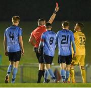 15 April 2019; Garry Comerford of Cork City  is shown a red card by referee Ben Connolly during the SSE Airtricity League Premier Division match between UCD and Cork City at Belfield Bowl in Dublin. Photo by Eóin Noonan/Sportsfile