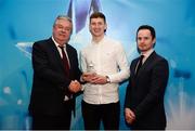 15 April 2019; Evan O'Carroll of UCD who was named in the Electric Ireland HE GAA Rising Star Football Team of the Year 2019 is presented with his award by John Dwane of Electric Ireland, left, and Michael Hyland, Chairman, Higher Education GAA. The Electric Ireland HE GAA Rising Star Awards was hosted by Electric Ireland Sigerson and Fitzgibbon winners UCC where the overall Footballer and Hurler of the Year were announced as well as the overall Football and Hurling team of the Year for the Electric Ireland Sigerson, Fitzgibbon and Higher Education Championships. #FirstClassRivals Photo by Diarmuid Greene/Sportsfile
