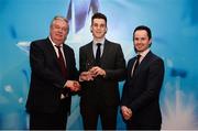 15 April 2019; Shane McGuigan of St Mary's University Belfast who was named in the Electric Ireland HE GAA Rising Star Football Team of the Year 2019 is presented with his award by John Dwane of Electric Ireland, left, and Michael Hyland, Chairman, Higher Education GAA. The Electric Ireland HE GAA Rising Star Awards was hosted by Electric Ireland Sigerson and Fitzgibbon winners UCC where the overall Footballer and Hurler of the Year were announced as well as the overall Football and Hurling team of the Year for the Electric Ireland Sigerson, Fitzgibbon and Higher Education Championships. #FirstClassRivals Photo by Diarmuid Greene/Sportsfile