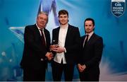 15 April 2019; Kevin McDonnell of NUIG who was named in the Electric Ireland HE GAA Rising Star Football Team of the Year 2019 is presented with his award by John Dwane of Electric Ireland, left, and Michael Hyland, Chairman, Higher Education GAA. The Electric Ireland HE GAA Rising Star Awards was hosted by Electric Ireland Sigerson and Fitzgibbon winners UCC where the overall Footballer and Hurler of the Year were announced as well as the overall Football and Hurling team of the Year for the Electric Ireland Sigerson, Fitzgibbon and Higher Education Championships. #FirstClassRivals Photo by Diarmuid Greene/Sportsfile