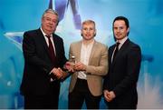 15 April 2019; Jarlath Mannion of NUIG who was named in the Electric Ireland HE GAA Rising Star Hurling Team of the Year 2019 is presented with his award by John Dwane of Electric Ireland, left, and Michael Hyland, Chairman, Higher Education GAA. The Electric Ireland HE GAA Rising Star Awards was hosted by Electric Ireland Sigerson and Fitzgibbon winners UCC where the overall Footballer and Hurler of the Year were announced as well as the overall Football and Hurling team of the Year for the Electric Ireland Sigerson, Fitzgibbon and Higher Education Championships. #FirstClassRivals Photo by Diarmuid Greene/Sportsfile
