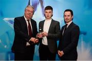 15 April 2019; Eoghan Cahill of Mary Immaculate College who was named in the Electric Ireland HE GAA Rising Star Hurling Team of the Year 2019 is presented with his award by John Dwane of Electric Ireland, left, and Michael Hyland, Chairman, Higher Education GAA. The Electric Ireland HE GAA Rising Star Awards was hosted by Electric Ireland Sigerson and Fitzgibbon winners UCC where the overall Footballer and Hurler of the Year were announced as well as the overall Football and Hurling team of the Year for the Electric Ireland Sigerson, Fitzgibbon and Higher Education Championships. #FirstClassRivals Photo by Diarmuid Greene/Sportsfile