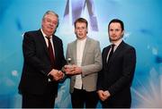 15 April 2019; Shane Conway of UCC who was named in the Electric Ireland HE GAA Rising Star Hurling Team of the Year 2019 is presented with his award by John Dwane of Electric Ireland, left, and Michael Hyland, Chairman, Higher Education GAA. The Electric Ireland HE GAA Rising Star Awards was hosted by Electric Ireland Sigerson and Fitzgibbon winners UCC where the overall Footballer and Hurler of the Year were announced as well as the overall Football and Hurling team of the Year for the Electric Ireland Sigerson, Fitzgibbon and Higher Education Championships. #FirstClassRivals Photo by Diarmuid Greene/Sportsfile