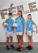 16 April 2019; John West Ambassador and Mayo Ladies Footballer Niamh Kelly, with Alex Derrien, aged 13, and Aoibheann Stokes, aged 13,from Lucan, Co. Dublin, at the launch of the 2019 John West Féile at Croke Park in Dublin. John West has been a sponsor of the Féile since 2016 and today announced it will continue its support for a further four seasons until 2022. John West is passionate about encouraging children to participate in Gaelic Games and puts an emphasis on the importance natural protein plays in fuelling young athletes #YourNaturalProteinPitstop. Photo by Sam Barnes/Sportsfile