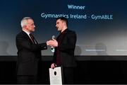 15 April 2019; Kieran Gallagher of Gymnastics Ireland in conversation with Vincent Wall, MC and Newstalk Business Editor, after winning the Inclusivity Award, sponsored by JLT Insurance, during the Irish Sport Industry Awards presented by the Federation of Irish Sport at Crowne Plaza Blanchardstown. Photo by Sam Barnes/Sportsfile