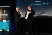 15 April 2019; Paul Tighe of Softco, in conversation with Vincent Wall, MC and Newstalk Business Editor, after winning the Sports Sponsorship of the Year Award, sponsored by AIB, by Paddy Somers, AIB Sponsorship Marketing Manager, during the Irish Sport Industry Awards presented by the Federation of Irish Sport at Crowne Plaza Blanchardstown. Photo by Sam Barnes/Sportsfile
