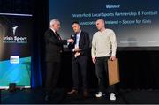 5 April 2019; Brian O'Neill, right, and Michael Looby, centre, of Waterford Sports Partnership and the FAI in conversation with Vincent Wall, MC and Newstalk Business Editor, are presented with the 20x20 Award, sponsored by 20x20, during the Irish Sport Industry Awards presented by the Federation of Irish Sport at Crowne Plaza Blanchardstown. Photo by Sam Barnes/Sportsfile