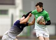 17 April 2019; William O'Neill of South East is tackled by Cathal Coffey of Metropolitan during the U16 Bank of Ireland Leinster Rugby Shane Horgan Cup Final Round match between Southeast and Metropolitan at IT Carlow in Moanacurragh, Carlow. Photo by Harry Murphy/Sportsfile