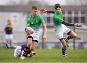17 April 2019; Noah Sheridan of South East supported by Conal Kervick of South East is tackled by David Drennan of Metropolitan during the U16 Bank of Ireland Leinster Rugby Shane Horgan Cup Final Round match between Southeast and Metropolitan at IT Carlow in Moanacurragh, Carlow. Photo by Harry Murphy/Sportsfile