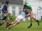 17 April 2019; Sean Quinlan of South East is tackled by David Drennan of Metropolitan during the U16 Bank of Ireland Leinster Rugby Shane Horgan Cup Final Round match between Southeast and Metropolitan at IT Carlow in Moanacurragh, Carlow. Photo by Harry Murphy/Sportsfile