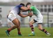 17 April 2019; Fionn Luddy of South East is tackled by James Caffrey of Metropolitan during the U16 Bank of Ireland Leinster Rugby Shane Horgan Cup Final Round match between Southeast and Metropolitan at IT Carlow in Moanacurragh, Carlow. Photo by Harry Murphy/Sportsfile