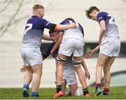 17 April 2019; David Drennan of Metropolitan celebrates after scoring a try with team-mates during the U16 Bank of Ireland Leinster Rugby Shane Horgan Cup Final Round match between Southeast and Metropolitan at IT Carlow in Moanacurragh, Carlow. Photo by Harry Murphy/Sportsfile