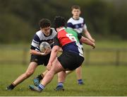 17 April 2019; Tom Martin of North Midlands in action against Sean Gill of Midlands during the U18 Bank of Ireland Leinster Rugby Shane Horgan Cup - Final Round match between North Midlands and Midlands at Cill Dara RFC in Dunmurray West, Kildare. Photo by Eóin Noonan/Sportsfile