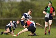 17 April 2019; Keelan O'Connell of North Midlands is tackled by Adam Treanor of Midlands during the U18 Bank of Ireland Leinster Rugby Shane Horgan Cup - Final Round match between North Midlands and Midlands at Cill Dara RFC in Dunmurray West, Kildare. Photo by Eóin Noonan/Sportsfile