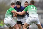 17 April 2019; Derek Dunne of Metropolitan is tackled by Brian Keogh, left, and Louis Gainfort of South East during the U18 Bank of Ireland Leinster Rugby Shane Horgan Cup - Final Round match between South East and Metropolitan at IT Carlow in Moanacurragh, Carlow. Photo by Harry Murphy/Sportsfile