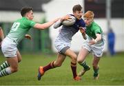 17 April 2019; Tadgh Finley of Metropolitan in action against Tim Corkery, left, and Shane McGuinness of South East during the U18 Bank of Ireland Leinster Rugby Shane Horgan Cup - Final Round match between South East and Metropolitan at IT Carlow in Moanacurragh, Carlow. Photo by Harry Murphy/Sportsfile