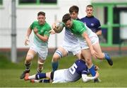 17 April 2019;  Josh O'Connor of South East is tackled by Tadgh McKeever of Metropolitan during the U18 Bank of Ireland Leinster Rugby Shane Horgan Cup - Final Round match between South East and Metropolitan at IT Carlow in Moanacurragh, Carlow. Photo by Harry Murphy/Sportsfile