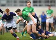 17 April 2019; Josh O'Connor of South East is tackled by John Ascough of Metropolitan during the U18 Bank of Ireland Leinster Rugby Shane Horgan Cup - Final Round match between South East and Metropolitan at IT Carlow in Moanacurragh, Carlow. Photo by Harry Murphy/Sportsfile
