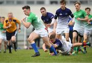 17 April 2019; Josh O'Connor of South East is tackled by Dominic Damianov of Metropolitan during the U18 Bank of Ireland Leinster Rugby Shane Horgan Cup - Final Round match between South East and Metropolitan at IT Carlow in Moanacurragh, Carlow. Photo by Harry Murphy/Sportsfile