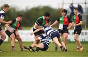 17 April 2019; Ben Smullen of Midlands is tackled by Kevin Commance, left, and Adam Keating of North Midlands during the U18 Bank of Ireland Leinster Rugby Shane Horgan Cup - Final Round match between North Midlands and Midlands at Cill Dara RFC in Dunmurray West, Kildare. Photo by Eóin Noonan/Sportsfile